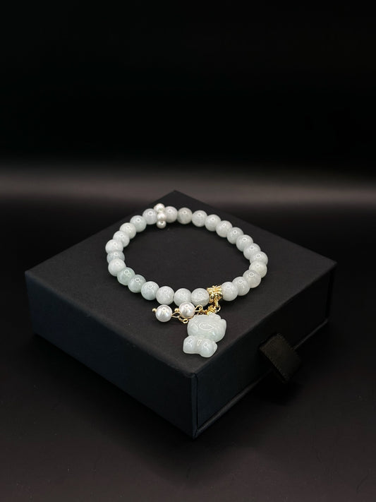 Jade Hello Kitty Bracelet With Pearl Ends and Gold Accents